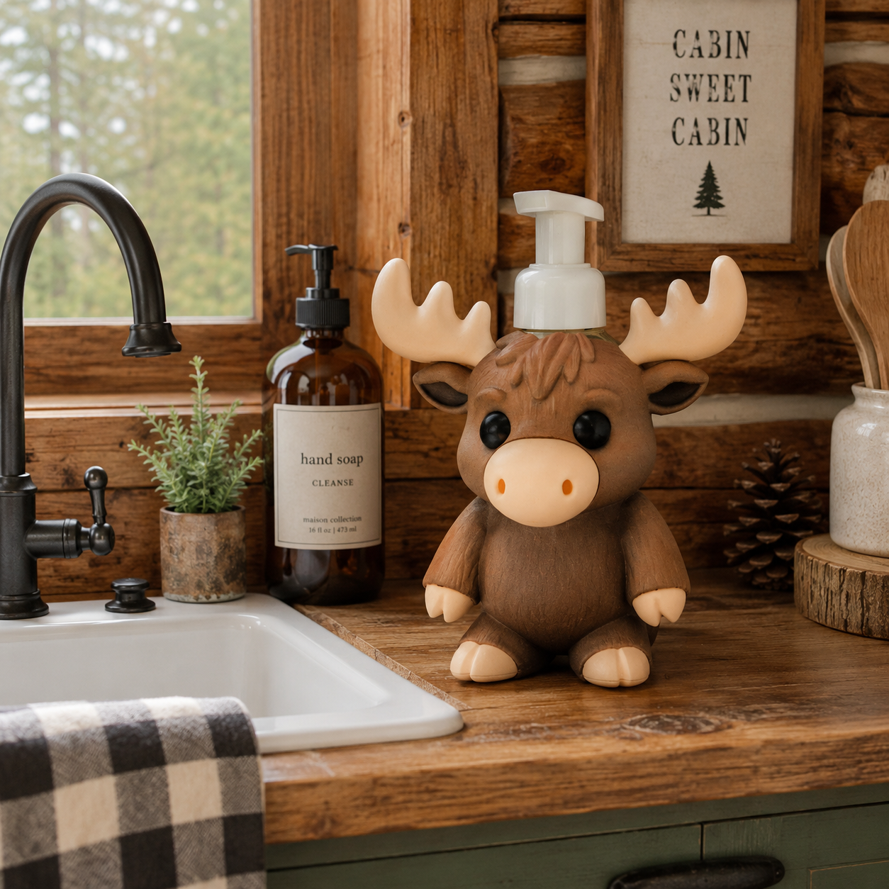 Moose Foaming Soap Bottle Holder – Cute 3D Printed Brown Moose with Cream Antlers – Bath and Body Works Foaming Soap Dispenser Stand – Woodland Rustic Cabin Bathroom Kitchen Counter Decor – Moose Lover Wildlife Nature Gift