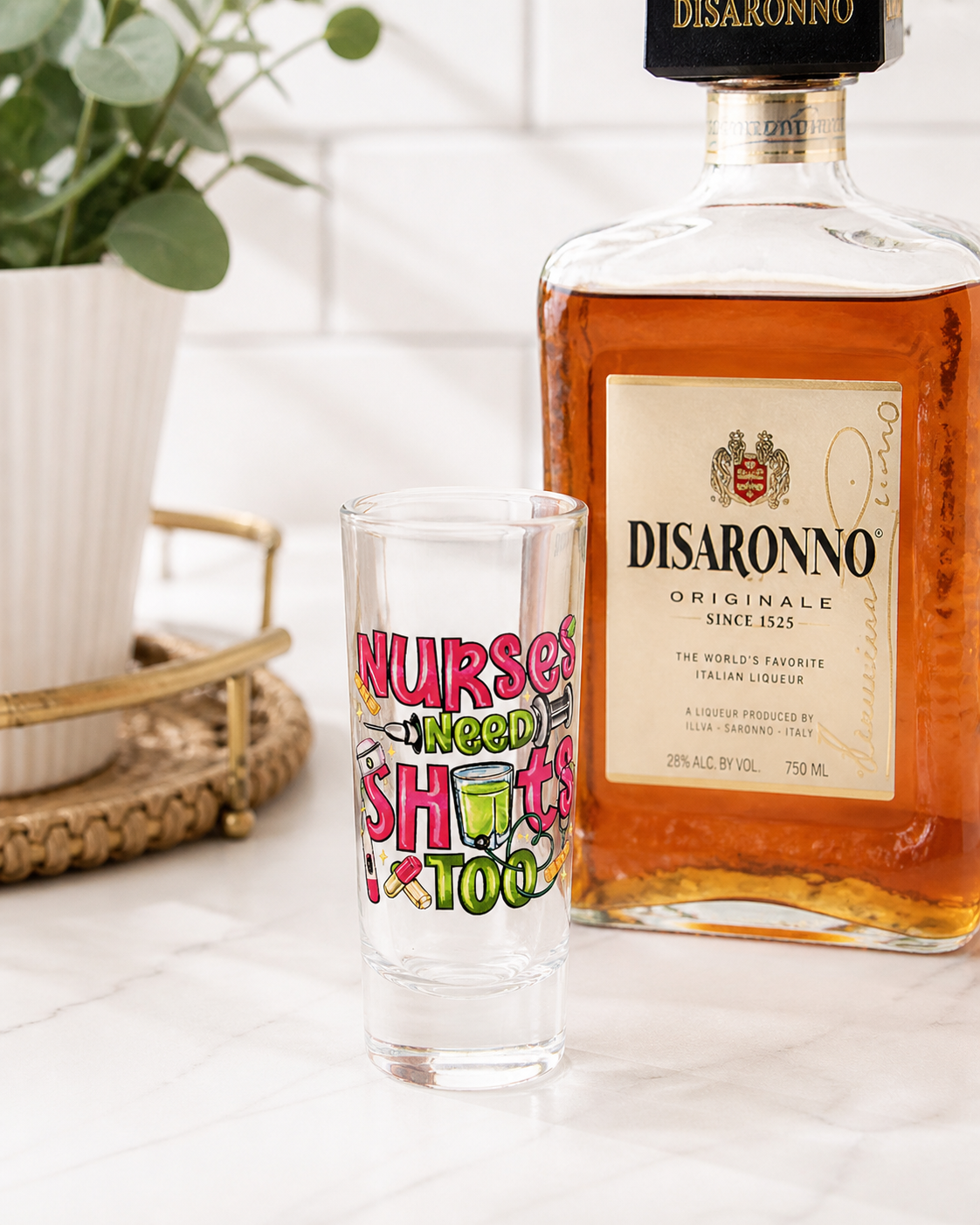 Nurses Need Shots Too Funny Shot Glass - side view showing full design