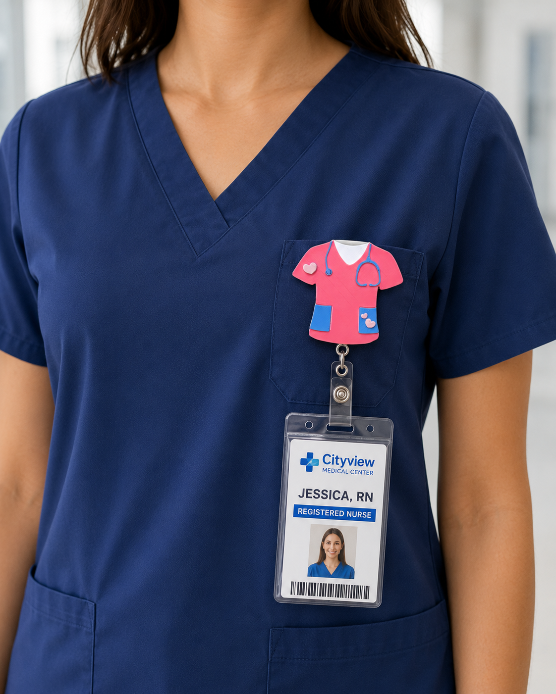 Cute Nurse Scrub Badge Reel Holder - Pink Retractable ID Clip - full-length hanging display