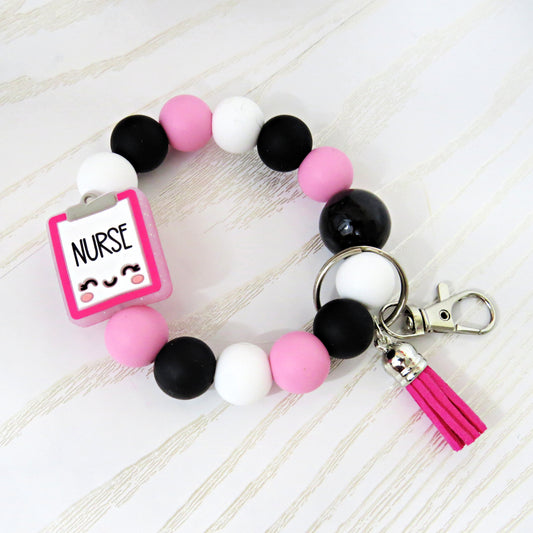 Nurse Heart Silicone Keychain Beaded Wristlet - Custom Color Car Key Ring Bracelet with Tassel - Handmade Gift for Nurse