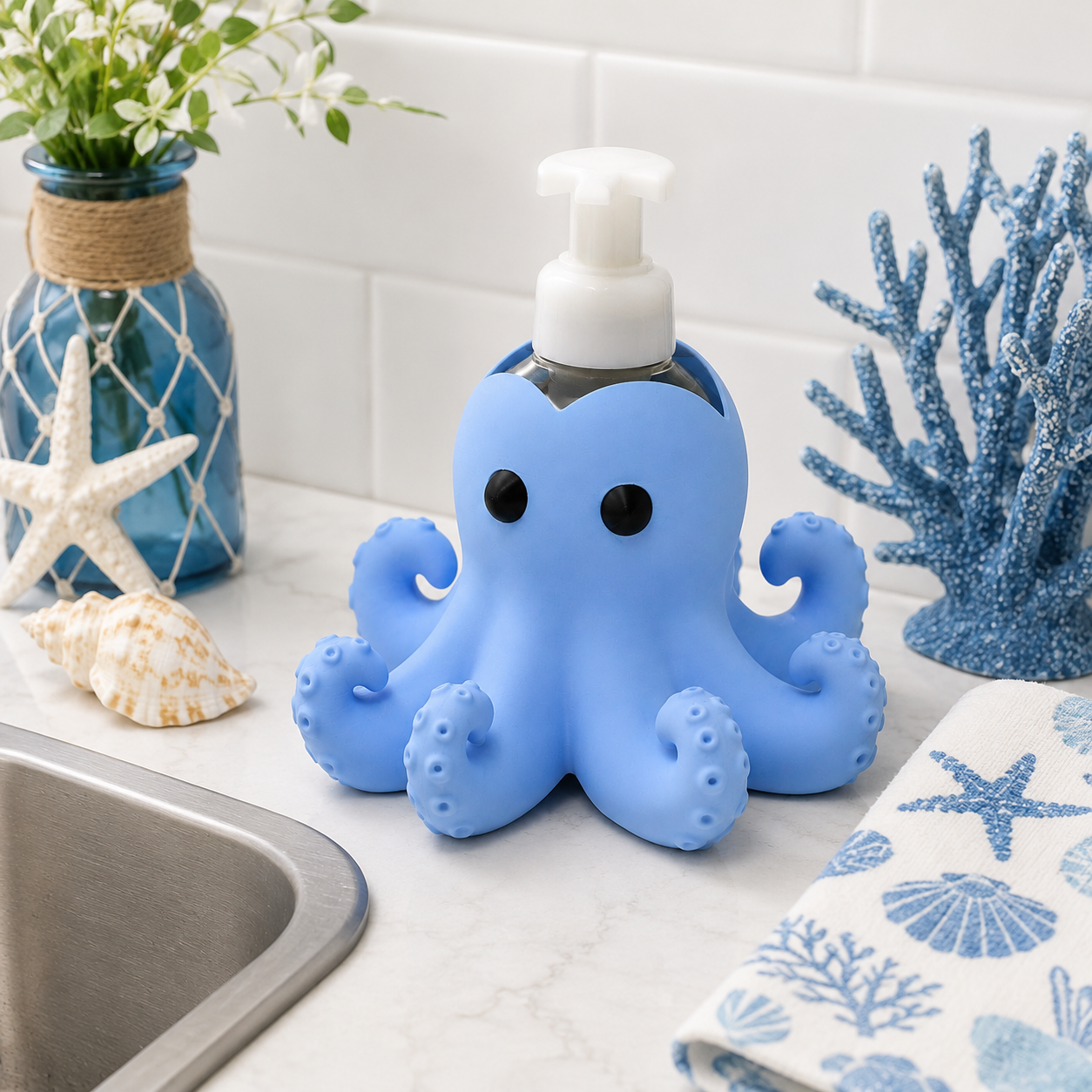 Octopus Foaming Soap Bottle Holder – Cute 3D Printed Blue Octopus with Curled Tentacles – Bath and Body Works Foaming Soap Dispenser Stand – Ocean Coastal Bathroom Kitchen Counter Decor – Octopus Lover Beach Gift