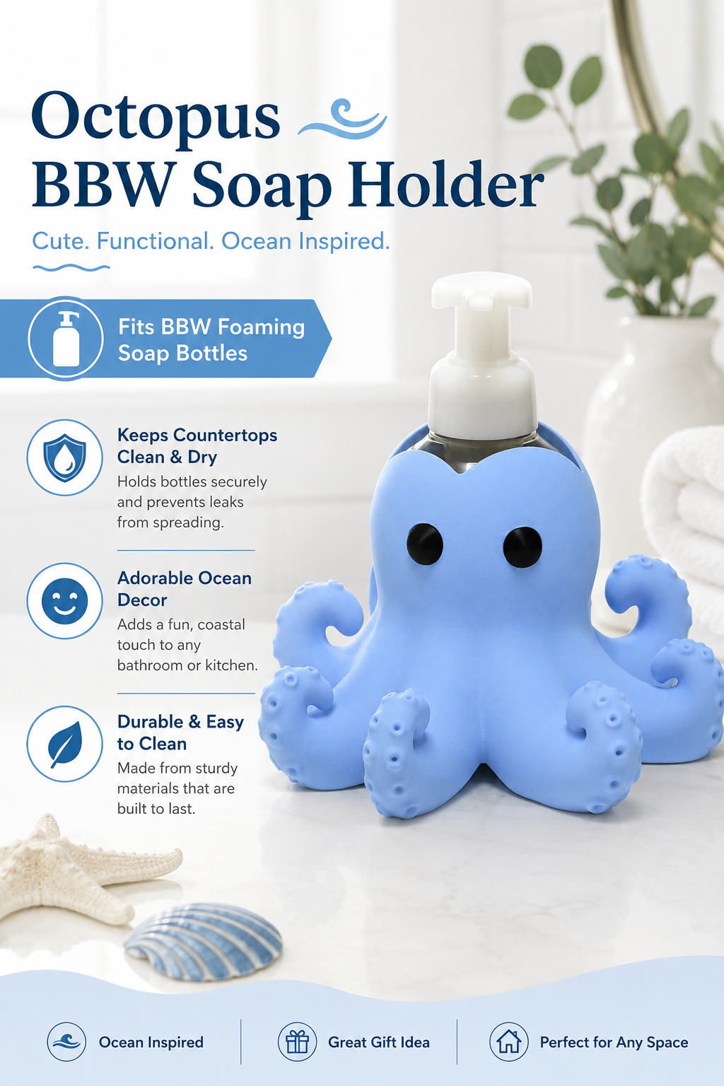 Octopus Foaming Soap Bottle Holder – Cute 3D Printed Blue Octopus with Curled Tentacles – Bath and Body Works Foaming Soap Dispenser Stand – Ocean Coastal Bathroom Kitchen Counter Decor – Octopus Lover Beach Gift