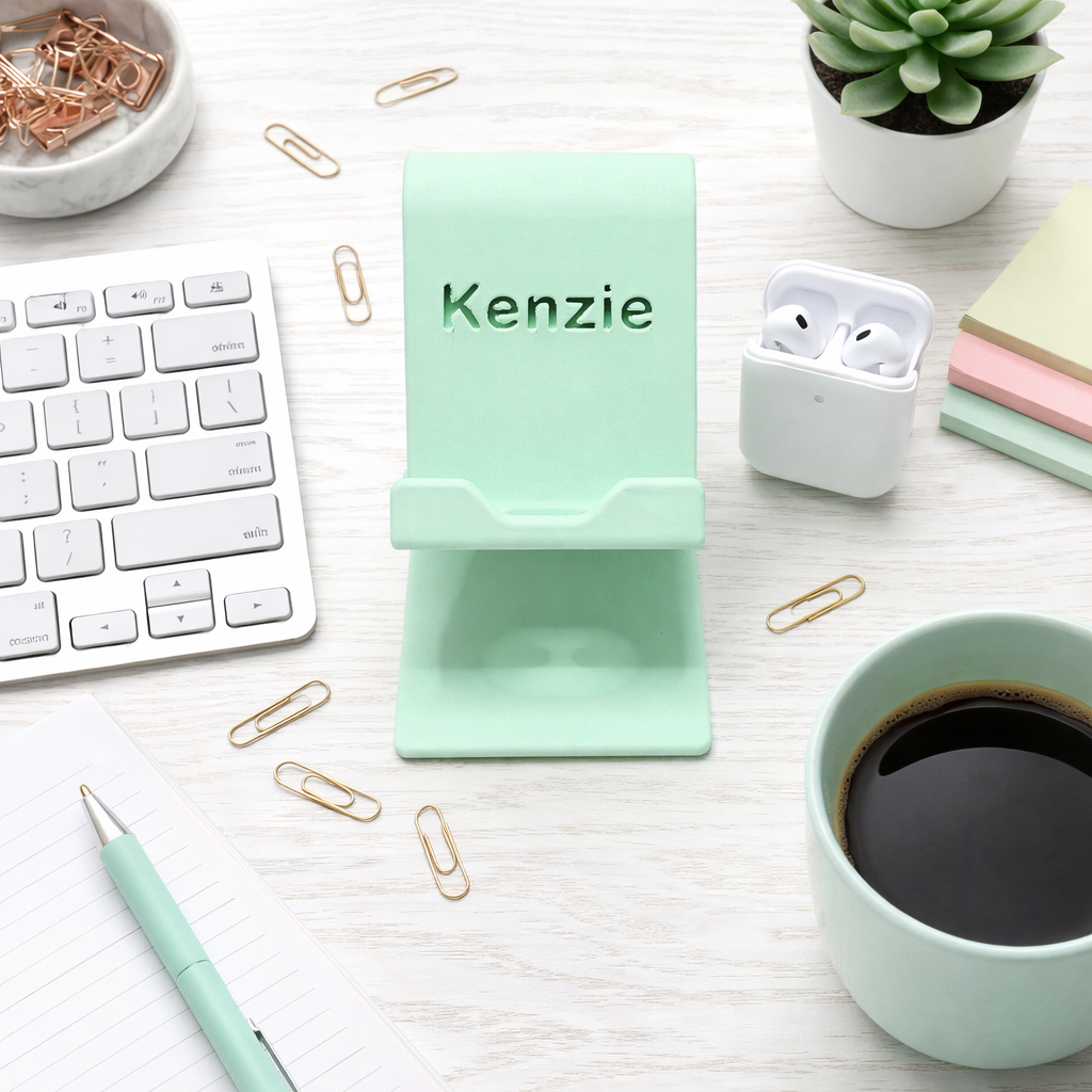 Personalized 3d printed cell phone holder with custom name on desk