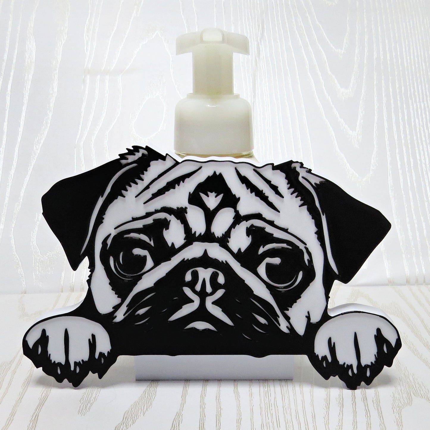 black-white-3d-printed-pug-face-peeking-foaming-soap-holder-wrinkled-brow-soulful-eyes-flat-nose-paws-white-base-bathroom-decor
