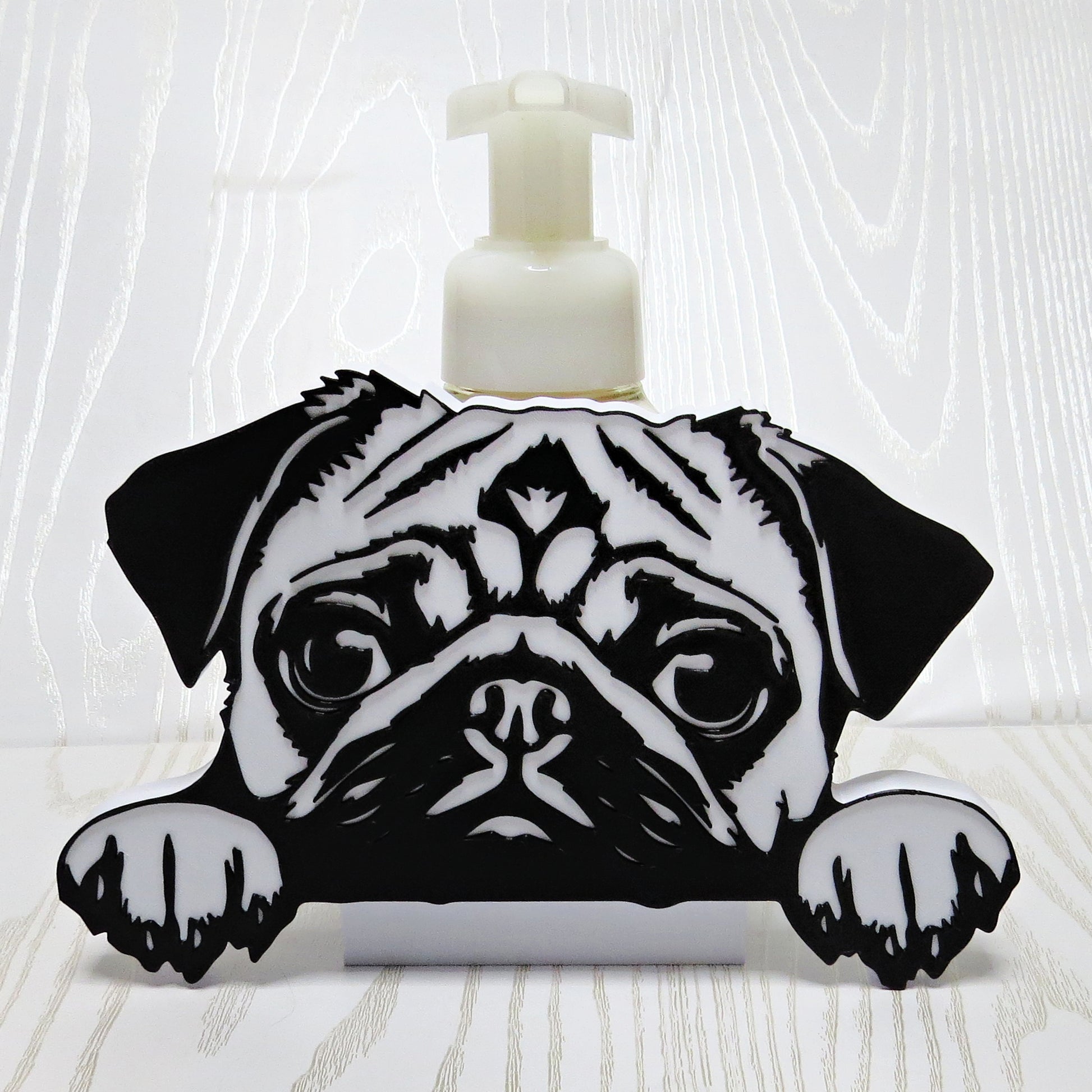 black-white-3d-printed-pug-face-peeking-foaming-soap-holder-wrinkled-brow-soulful-eyes-flat-nose-paws-white-base-bathroom-decor