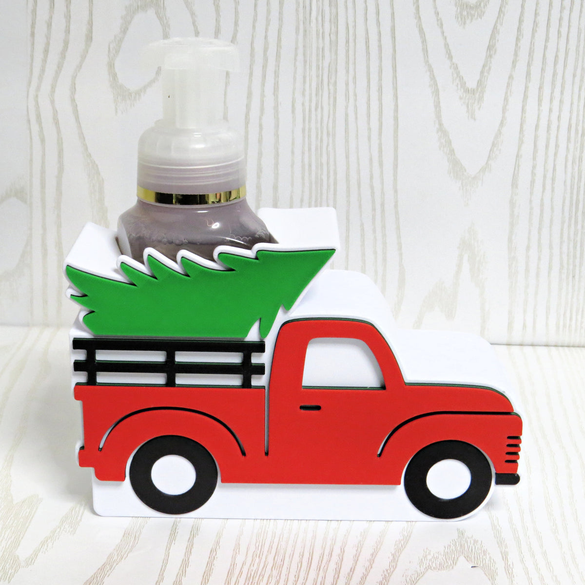Christmas Truck Foaming Soap Holder — Red Truck with Tree Holiday Decor for BBW Bottles