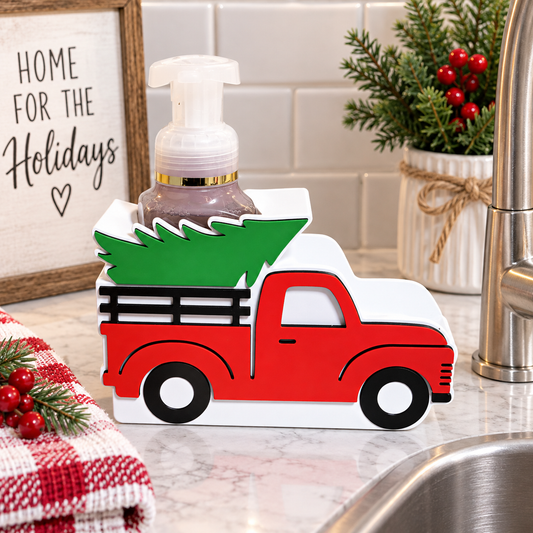 Red Christmas truck with tree shaped foaming soap bottle holder for holiday decor