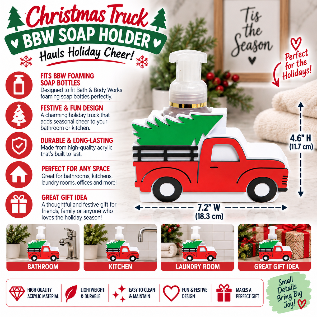 Christmas Truck Foaming Soap Holder — Red Truck with Tree Holiday Decor for BBW Bottles