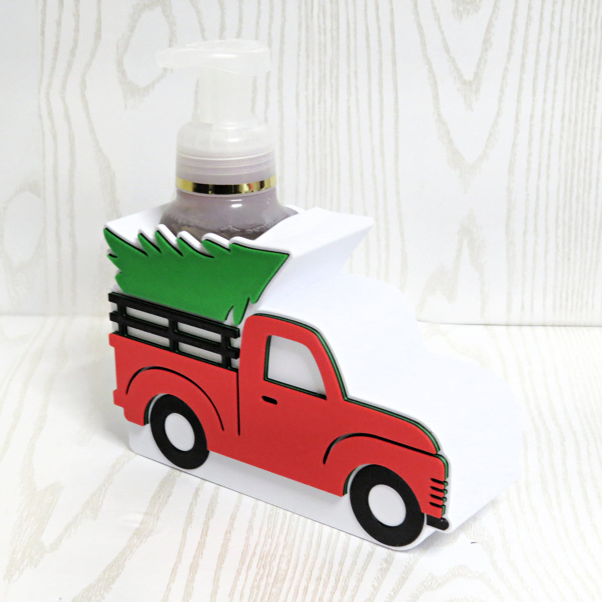 Christmas Truck Foaming Soap Holder — Red Truck with Tree Holiday Decor for BBW Bottles