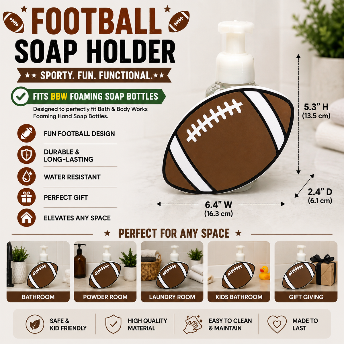 Football Foaming Soap Holder – 3D Printed Game Day Sports Bathroom Decor – BBW Compatible