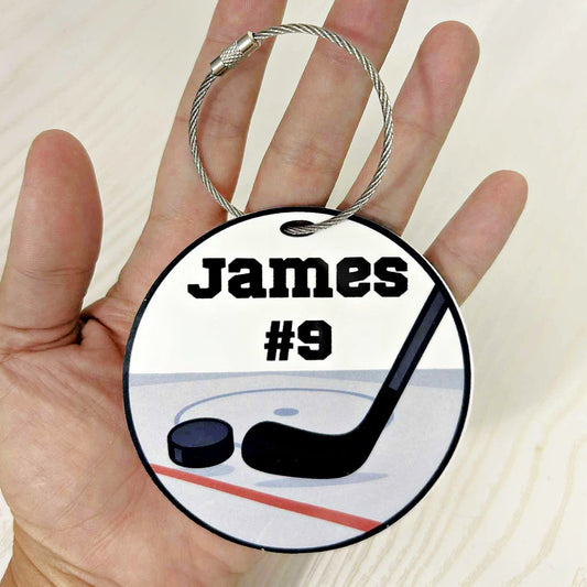 Personalized Hockey Bag Tag with Name and Number – Stick and Puck Design