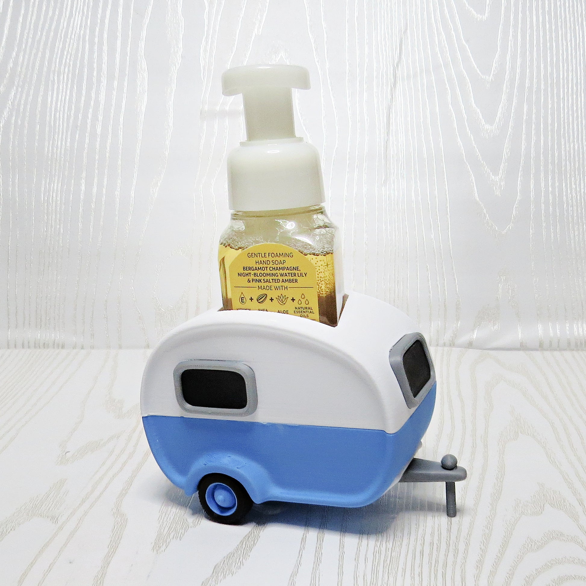 Camper Soap Holder - RV Bathroom Decor & Sink Organizer - top view showing pump opening