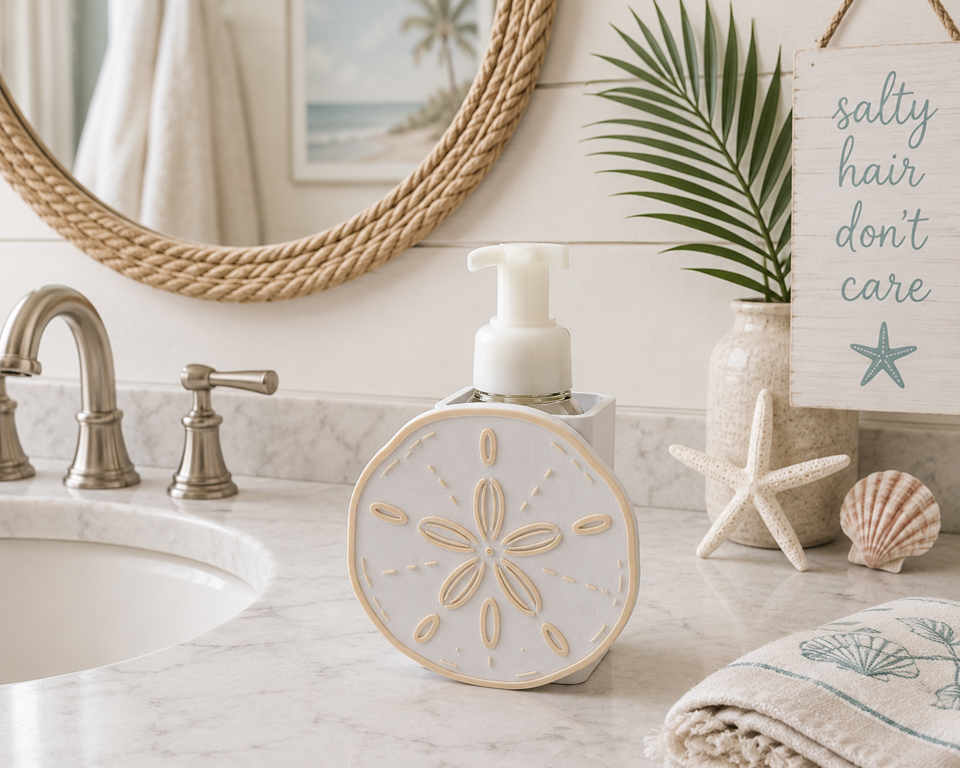 Sand Dollar Foaming Soap Holder - Coastal Beach Bathroom Decor - Ocean Inspir... - side angle showing product shape