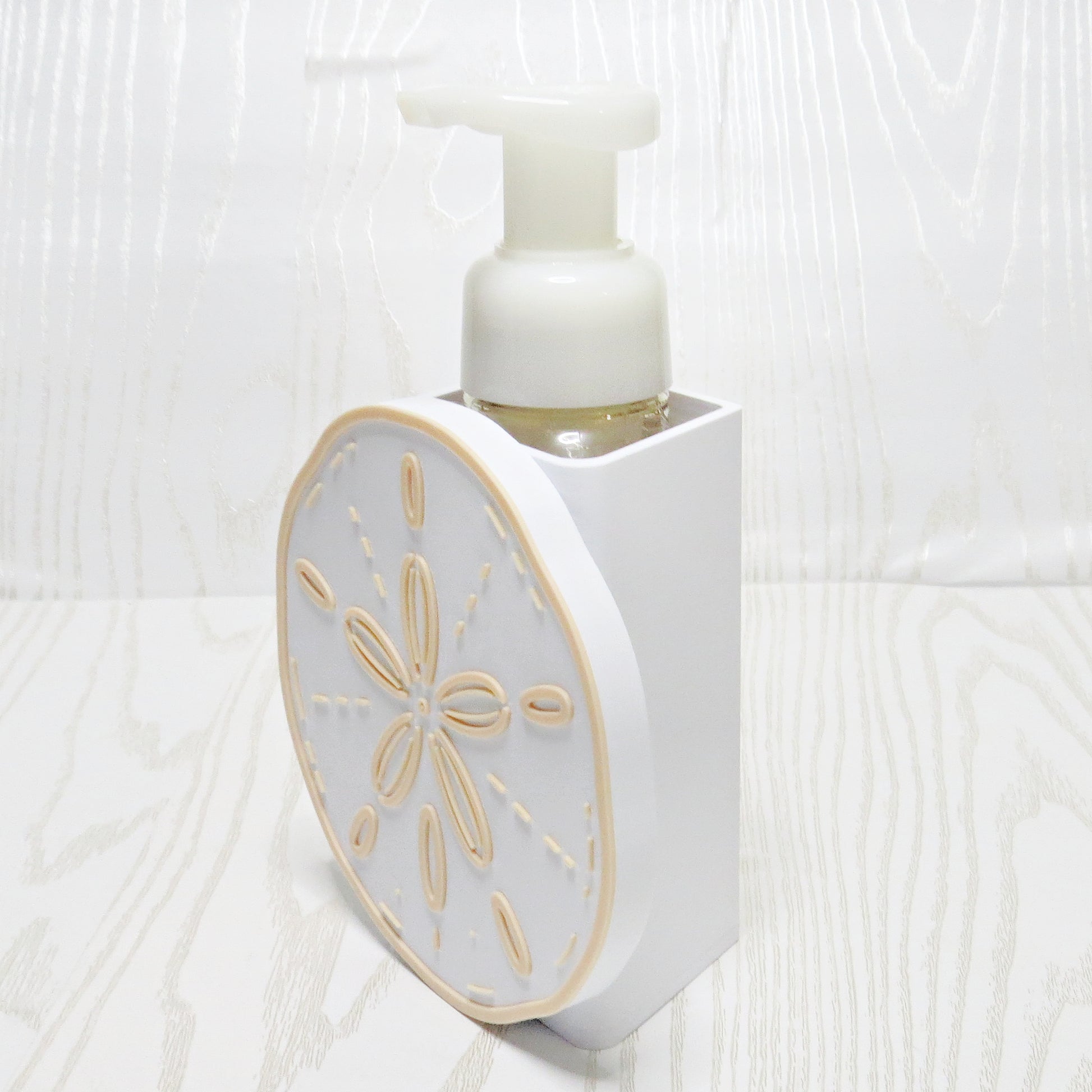 Sand Dollar Foaming Soap Holder - Coastal Beach Bathroom Decor - Ocean Inspir... - top view showing pump opening