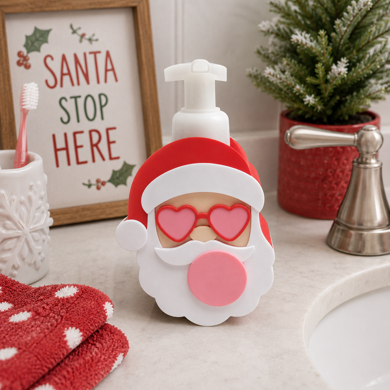 Cool Santa Bubblegum Foaming Soap Bottle Holder – Funny 3D Printed Santa with Heart Sunglasses and Pink Bubblegum Bubble – Bath and Body Works Foaming Soap Dispenser Stand – Whimsical Holiday Christmas Bathroom Kitchen Decor – Unique Funny Christmas Gift