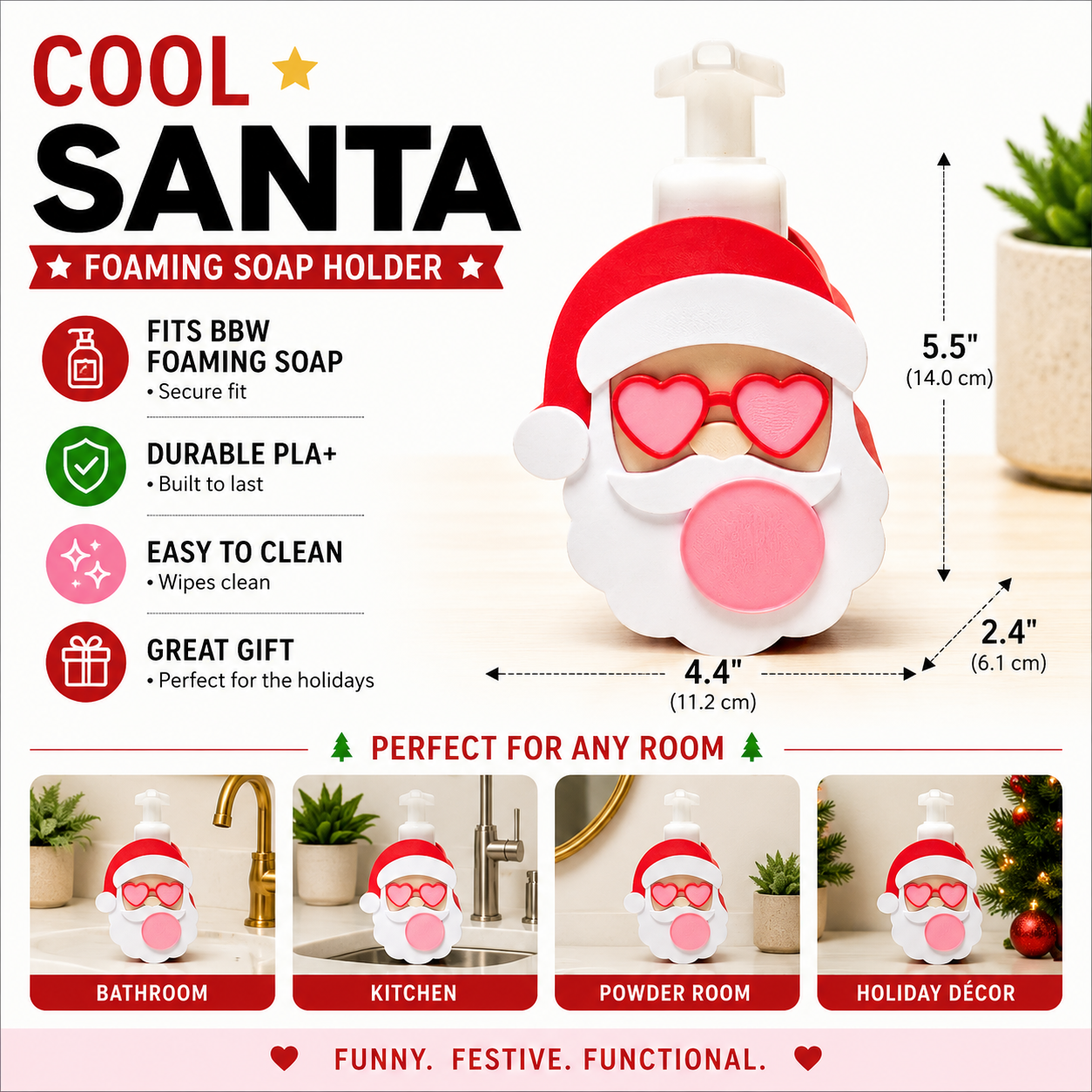 Cool Santa Bubblegum Foaming Soap Bottle Holder – Funny 3D Printed Santa with Heart Sunglasses and Pink Bubblegum Bubble – Bath and Body Works Foaming Soap Dispenser Stand – Whimsical Holiday Christmas Bathroom Kitchen Decor – Unique Funny Christmas Gift