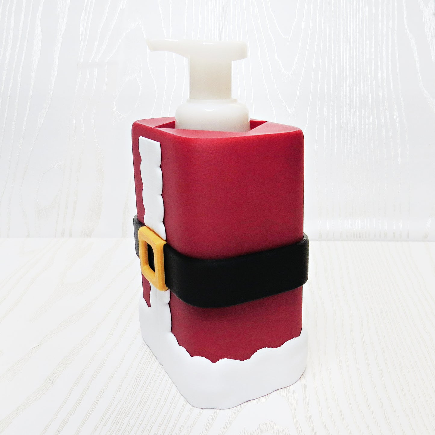 Santa Coat Foaming Soap Holder - Christmas Bathroom Decor - top view showing pump opening