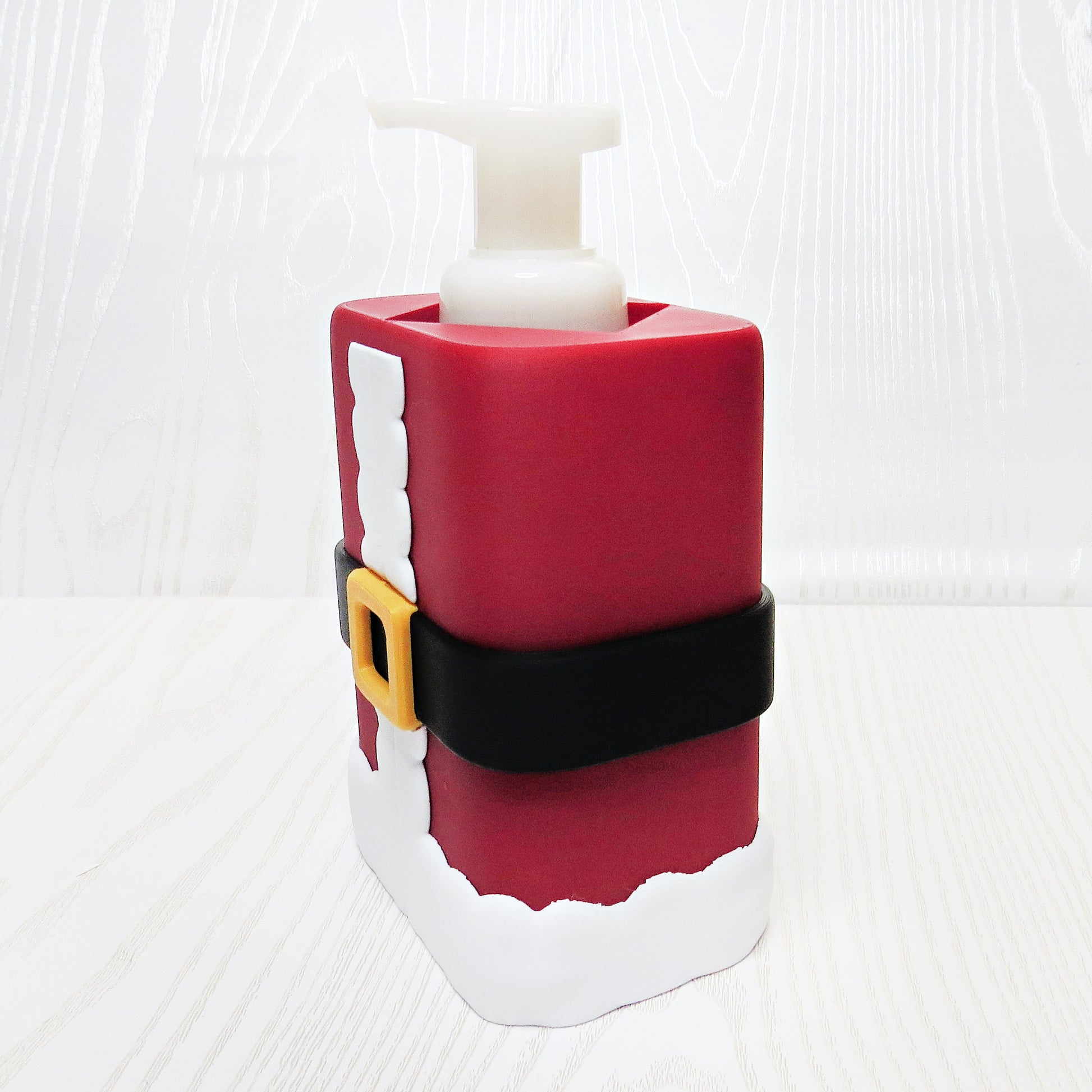 Santa Coat Foaming Soap Holder - Christmas Bathroom Decor - top view showing pump opening