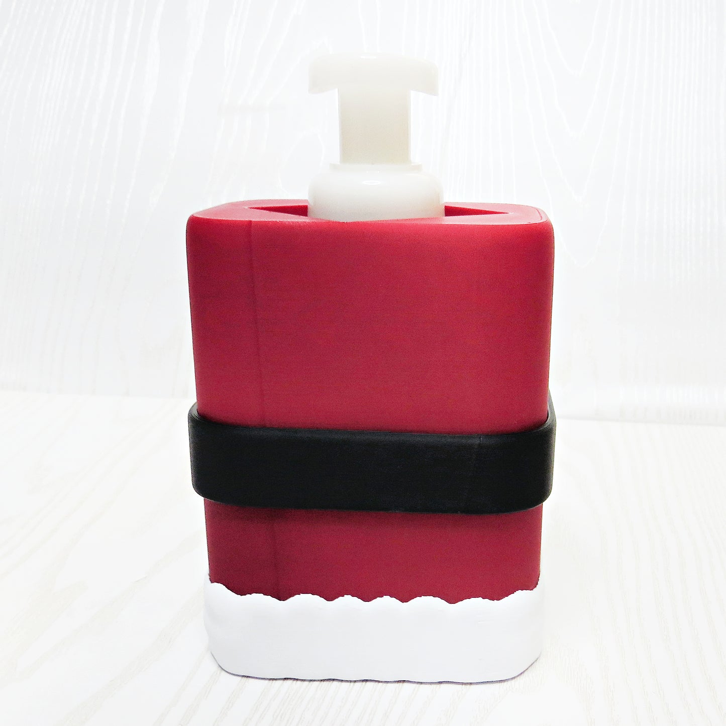 Santa Coat Foaming Soap Holder - Christmas Bathroom Decor - lifestyle with soap bottle inserted