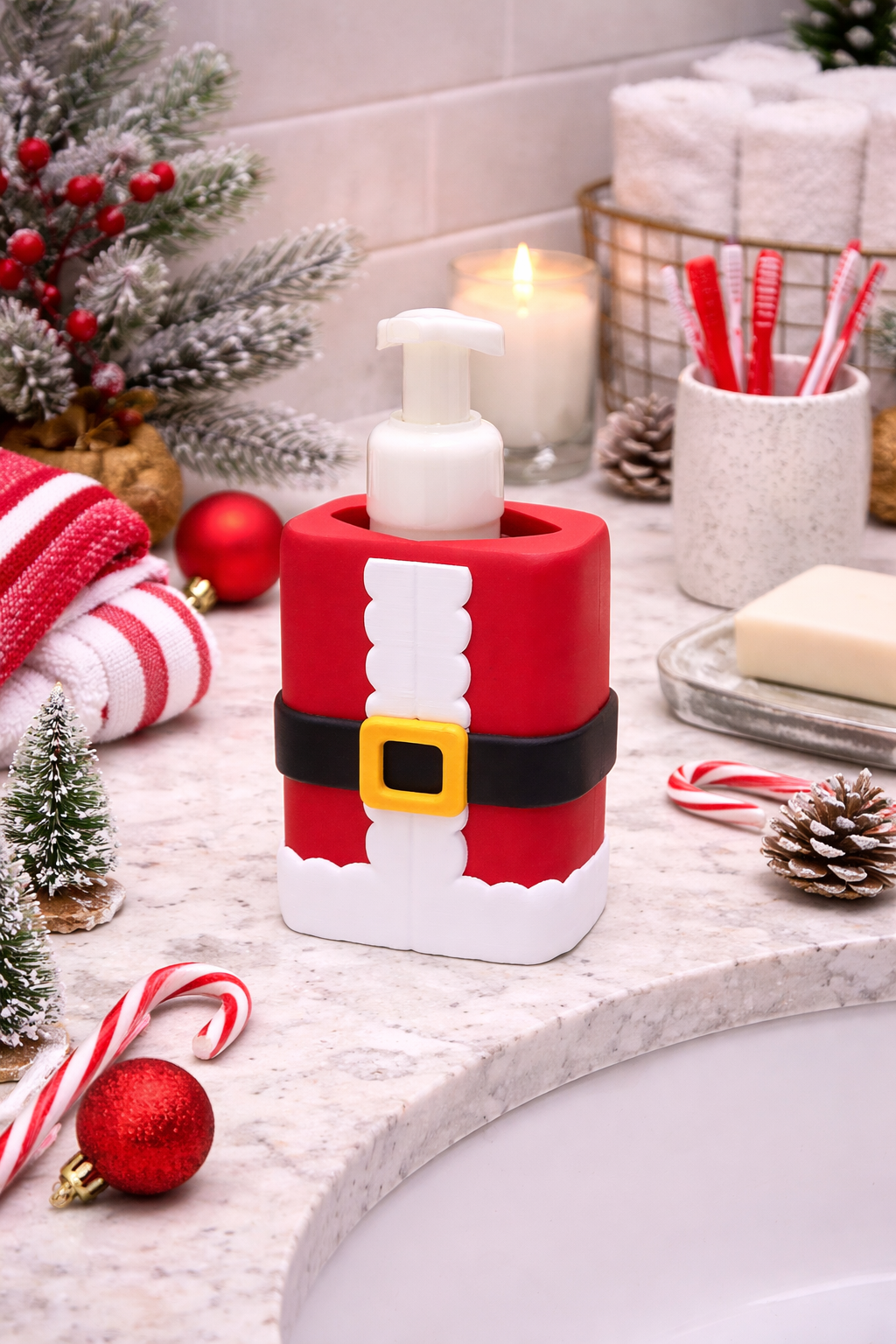 Santa Coat Foaming Soap Holder - Christmas Bathroom Decor - side angle showing product shape