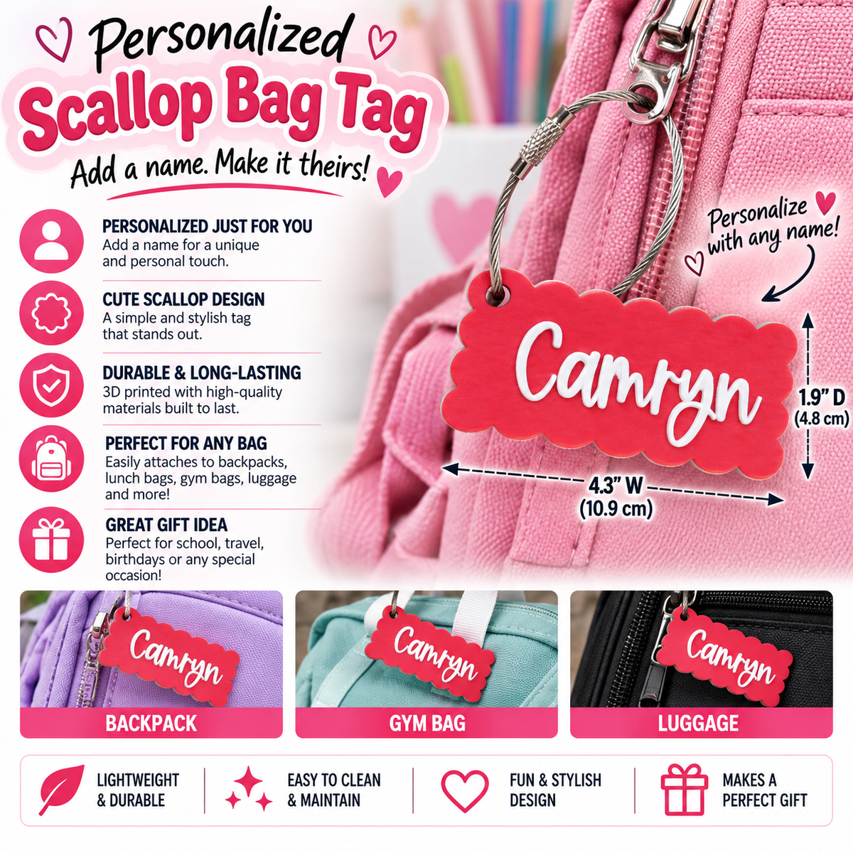 Personalized Scallop Bag Tag — Custom Name Keychain for Backpacks and Lunch Bags