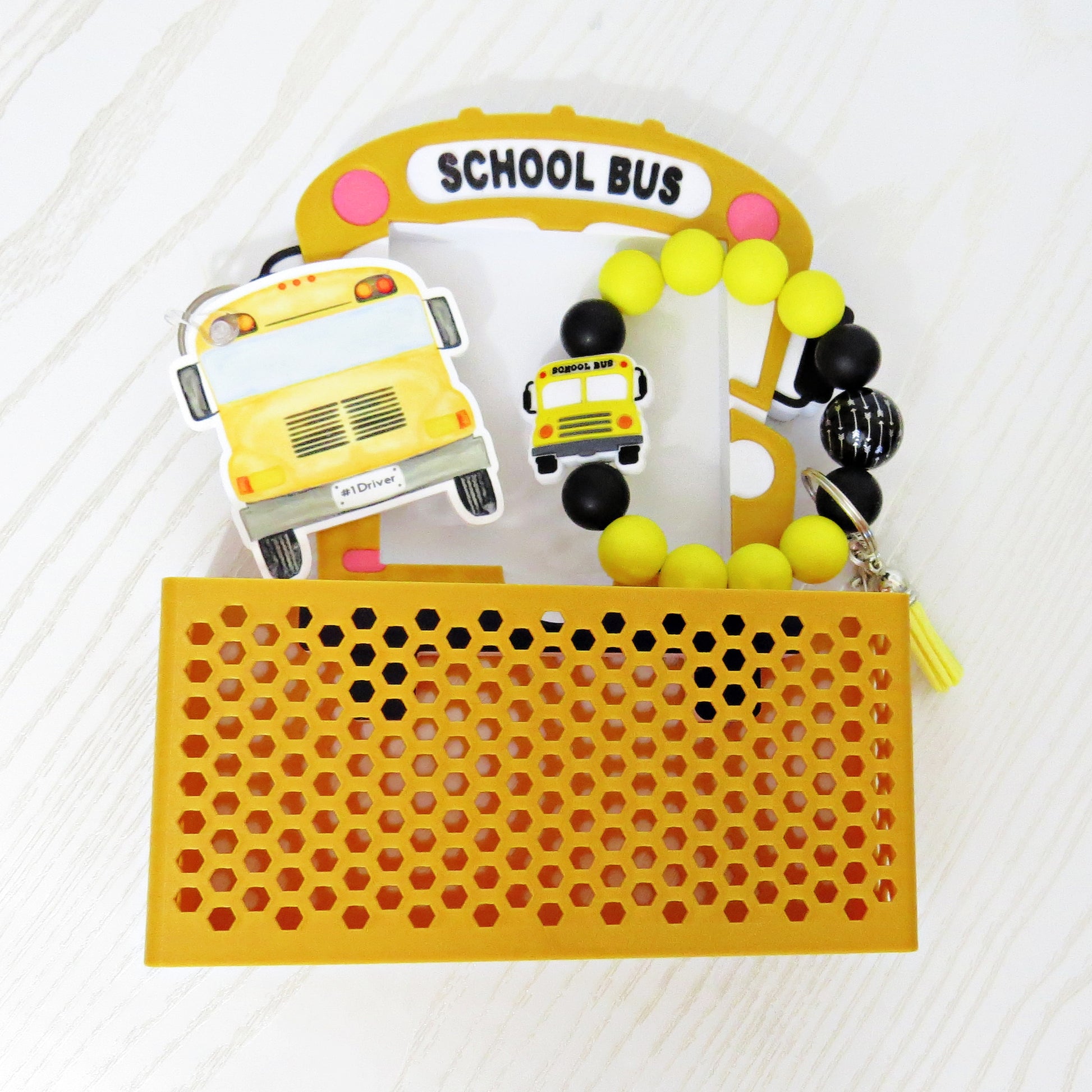 Bus Driver Gift Set - School Bus Sticky Note Holder + Wristlet + Keychain - flat lay showing full design