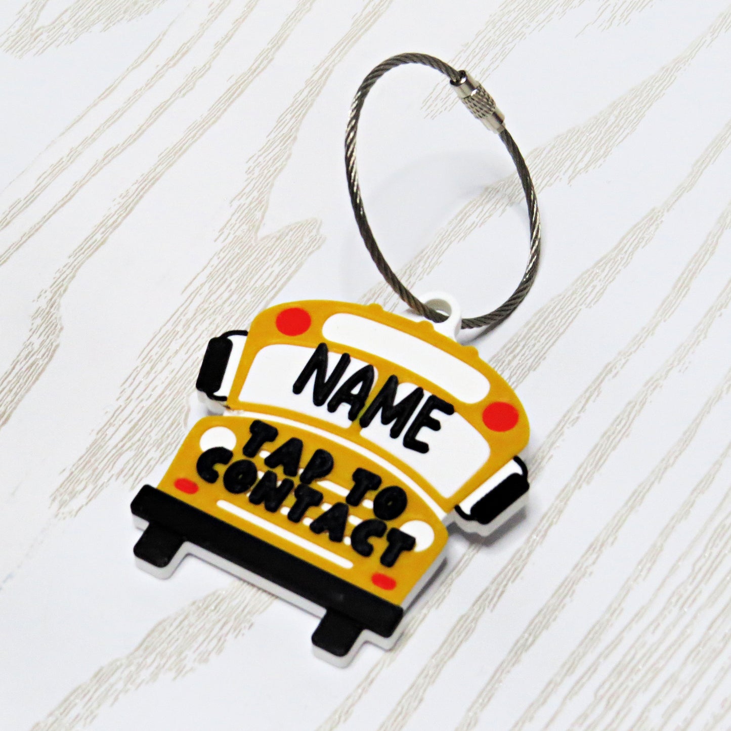 Personalized School Bus NFC Bag Tag - Smart Contact Tap Tag for Kids Backpacks - close-up of hardware detail