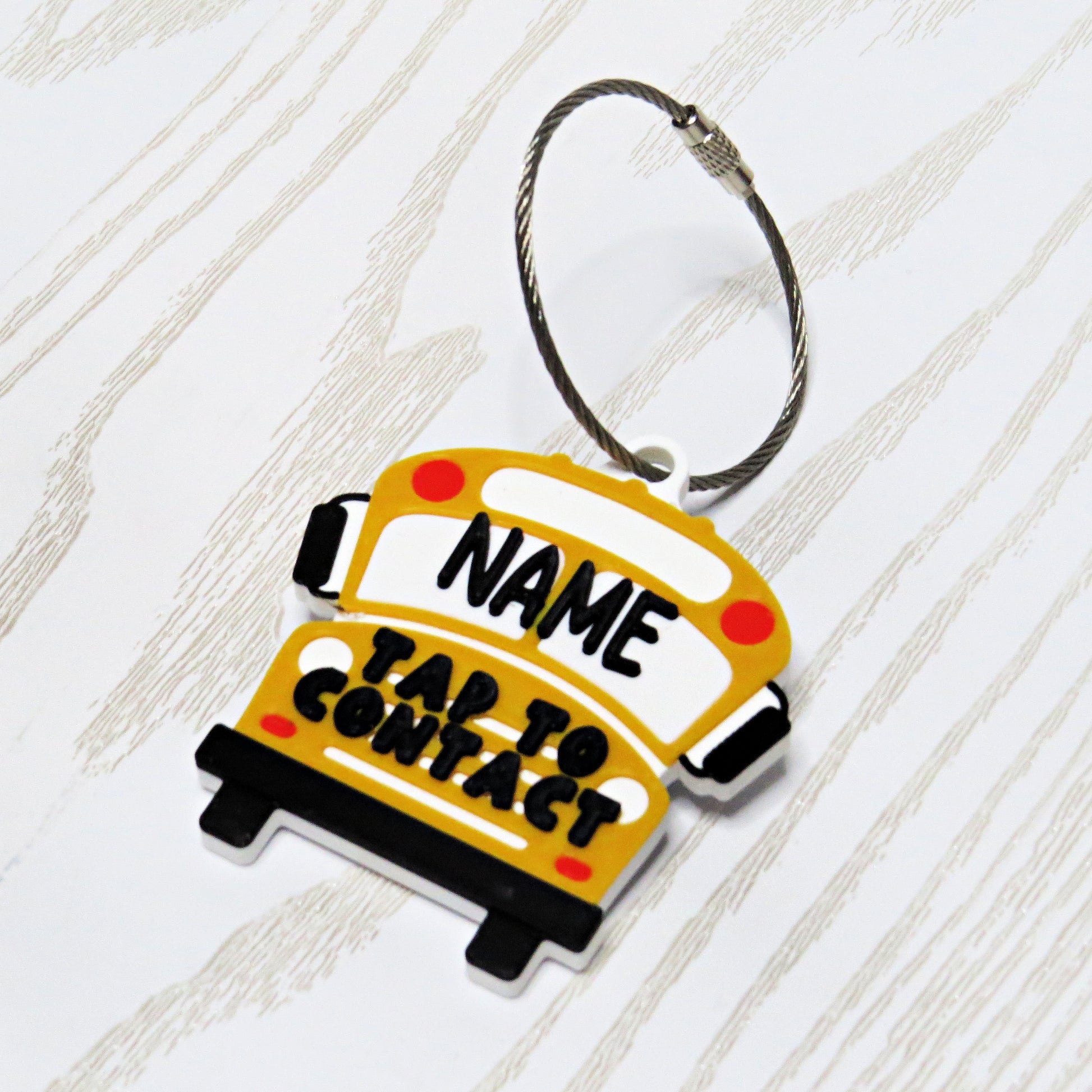 Personalized School Bus NFC Bag Tag - Smart Contact Tap Tag for Kids Backpacks - close-up of hardware detail