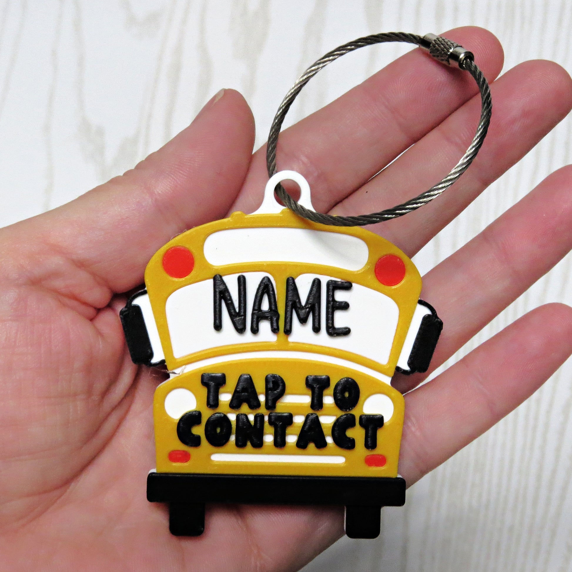 Personalized School Bus NFC Bag Tag - Smart Contact Tap Tag for Kids Backpacks - strap or handle detail