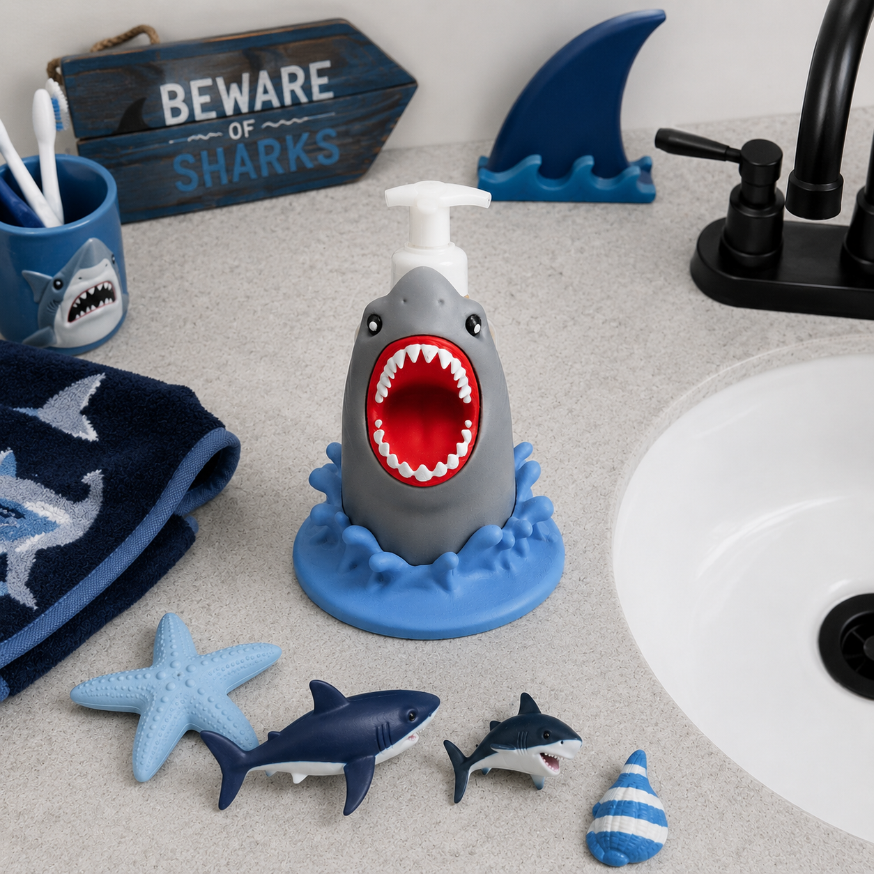 Shark Foaming Soap Bottle Holder – Cute 3D Printed Grey Shark Bursting from Ocean Wave Base – Bath and Body Works Foaming Soap Dispenser Stand – Kids Beach Nautical Bathroom Decor – Shark Lover Ocean Gift