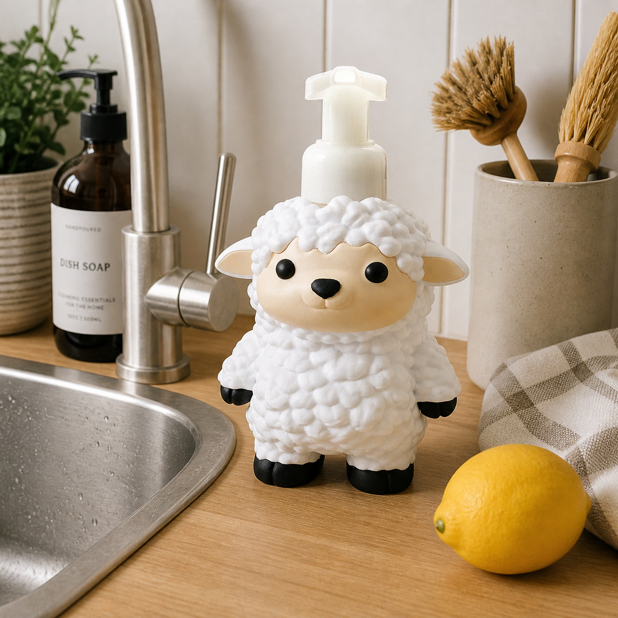 Sheep Foaming Soap Holder - Farmhouse Animal Bathroom Decor - side angle showing product shape
