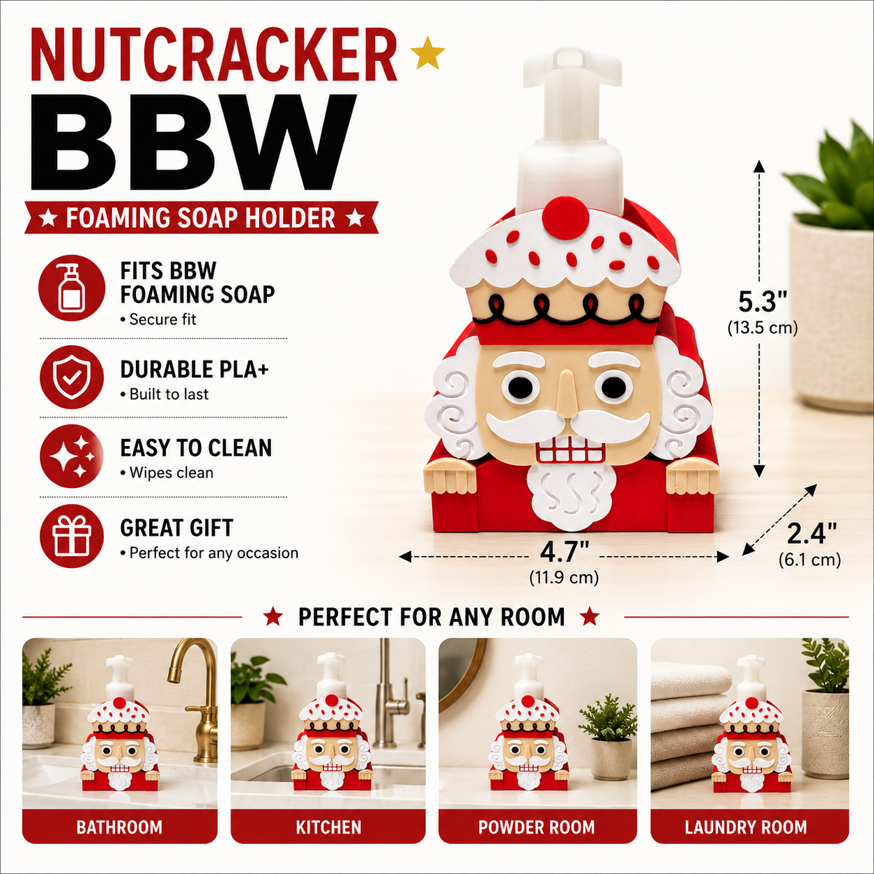 Nutcracker Foaming Soap Bottle Holder – Cute 3D Printed Red and White Christmas Nutcracker Soldier – Bath and Body Works Foaming Soap Dispenser Stand – Holiday Festive Bathroom Kitchen Counter Decor – Nutcracker Lover Christmas Gift