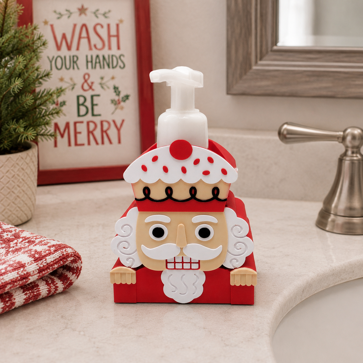 red-white-3d-printed-nutcracker-soldier-foaming-soap-holder-polka-dot-hat-pompom-beard-mustache-christmas-holiday-bathroom-decor