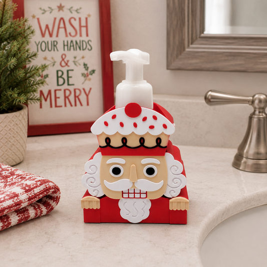 red-white-3d-printed-nutcracker-soldier-foaming-soap-holder-polka-dot-hat-pompom-beard-mustache-christmas-holiday-bathroom-decor