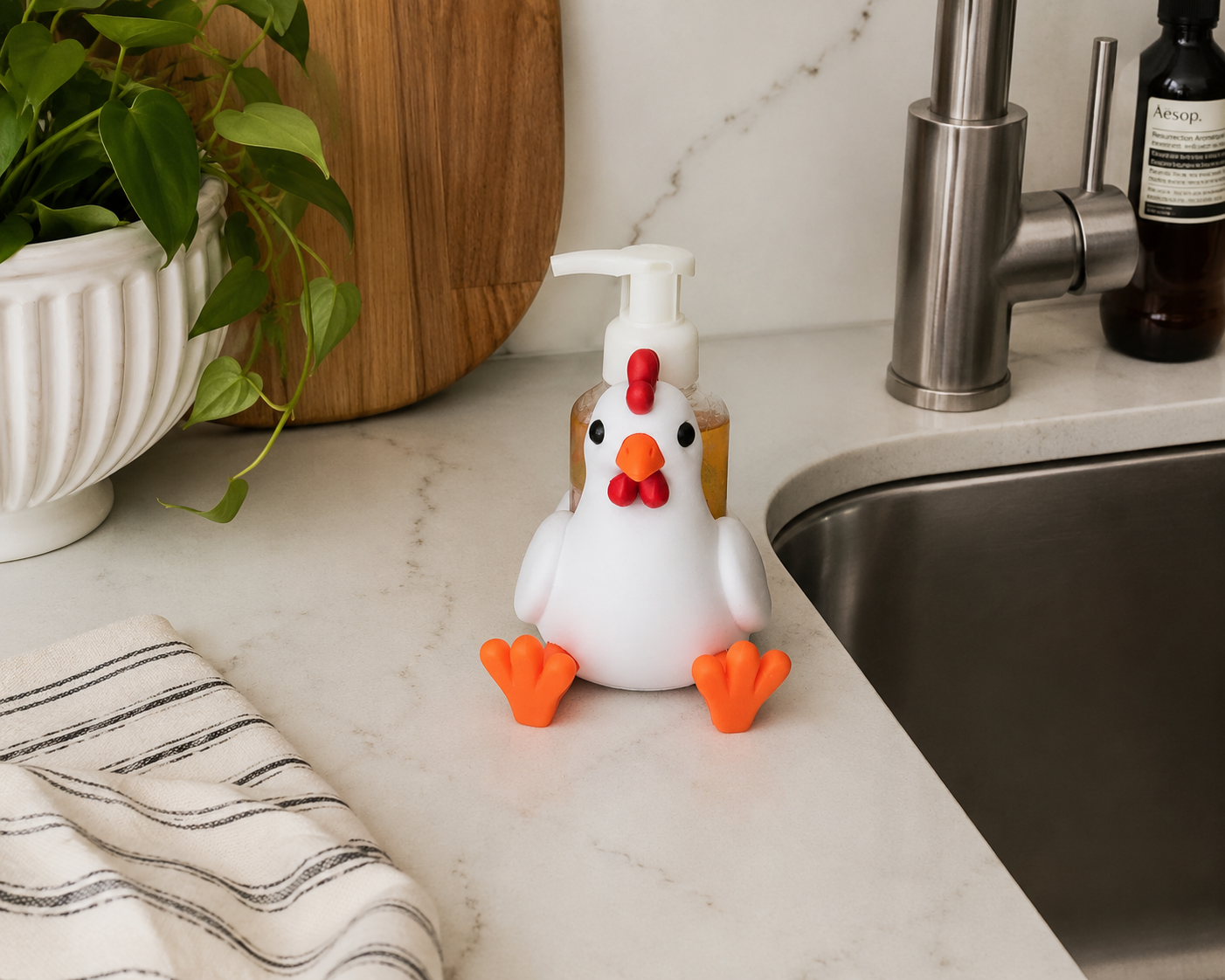 Chicken Foaming Soap Holder for Bath & Kitchen Counters - side angle showing product shape