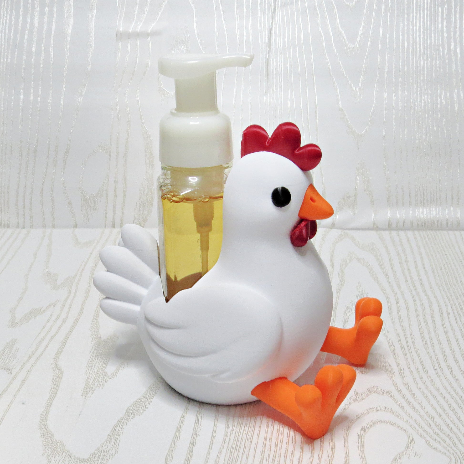 Chicken Foaming Soap Holder for Bath & Kitchen Counters - lifestyle with soap bottle inserted
