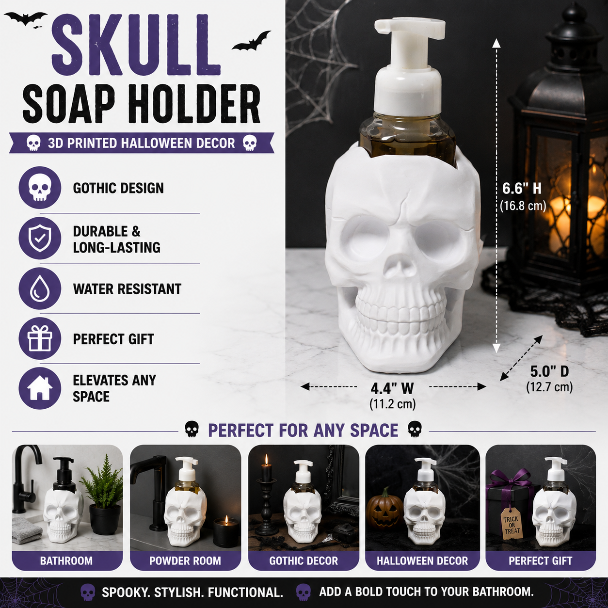 Skull Foaming Soap Holder – 3D Printed Gothic Halloween Skeleton Skull Decor – BBW Compatible