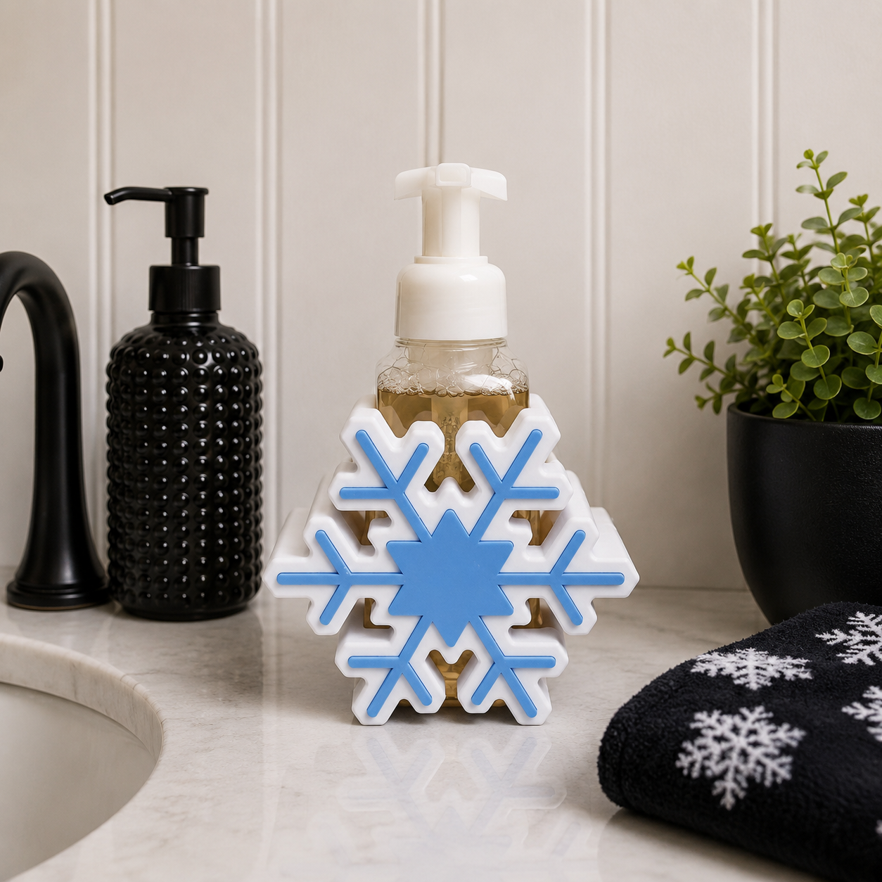 Snowflake Foaming Soap Bottle Holder – Cute 3D Printed White and Blue Crystal Snowflake – Bath and Body Works Foaming Soap Dispenser Stand – Winter Christmas Holiday Bathroom Kitchen Counter Decor – Snowflake Lover Seasonal Gift