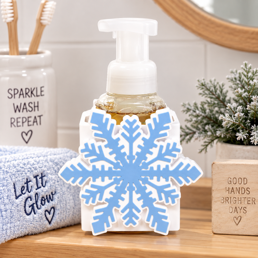 Snowflake Foaming Soap Bottle Holder – Cute 3D Printed White and Blue Crystal Snowflake – Bath and Body Works Foaming Soap Dispenser Stand – Winter Christmas Holiday Bathroom Kitchen Counter Decor – Snowflake Lover Seasonal Gift