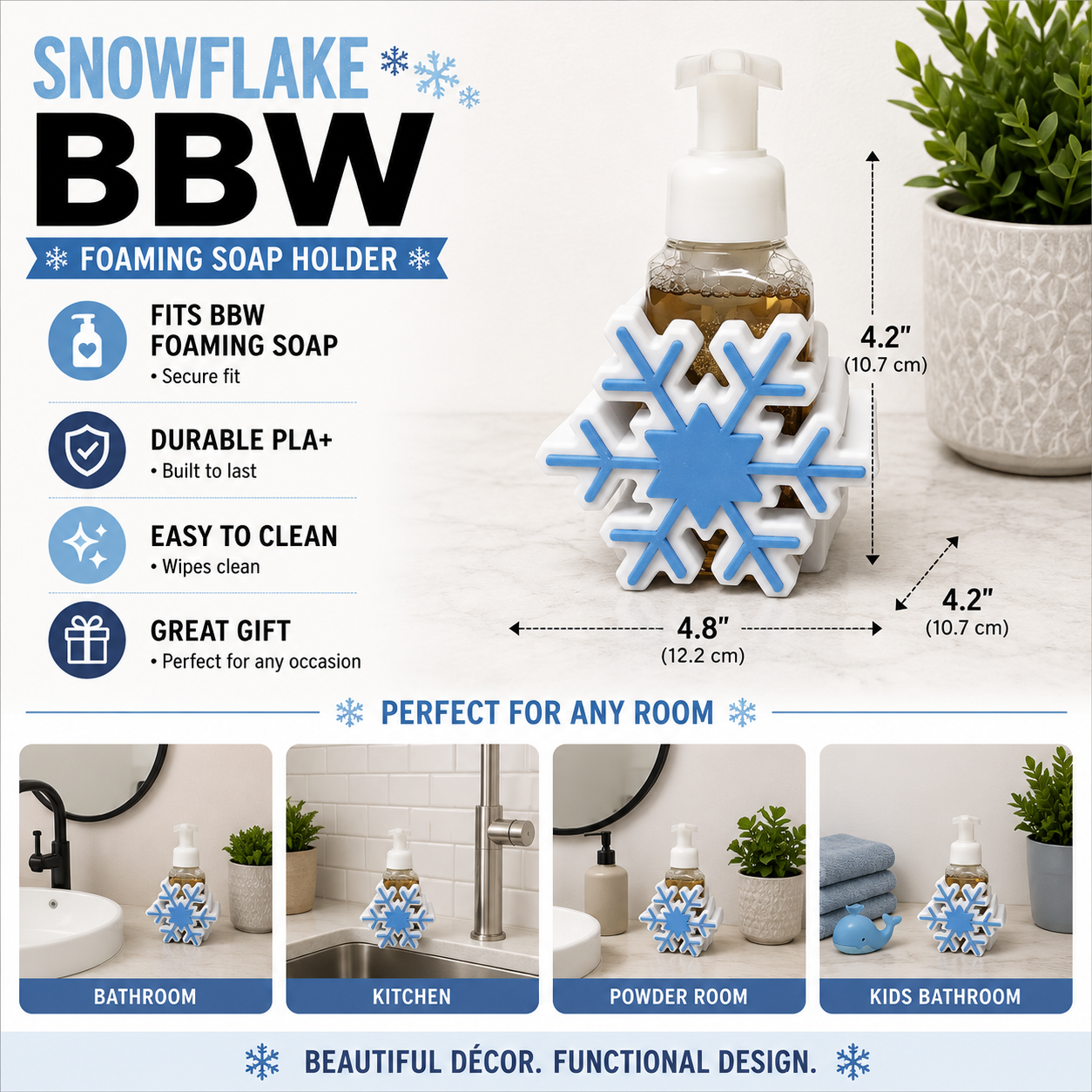 Snowflake Foaming Soap Bottle Holder – Cute 3D Printed White and Blue Crystal Snowflake – Bath and Body Works Foaming Soap Dispenser Stand – Winter Christmas Holiday Bathroom Kitchen Counter Decor – Snowflake Lover Seasonal Gift