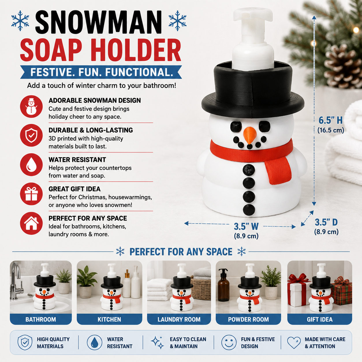 Snowman Soap Holder – 3D Printed Christmas Winter Holiday Bathroom Decor – BBW Compatible