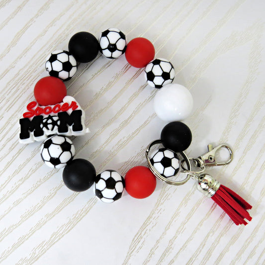 soccer-mom-wristlet-keychain-red-black-white-beaded-bracelet-with-tassel