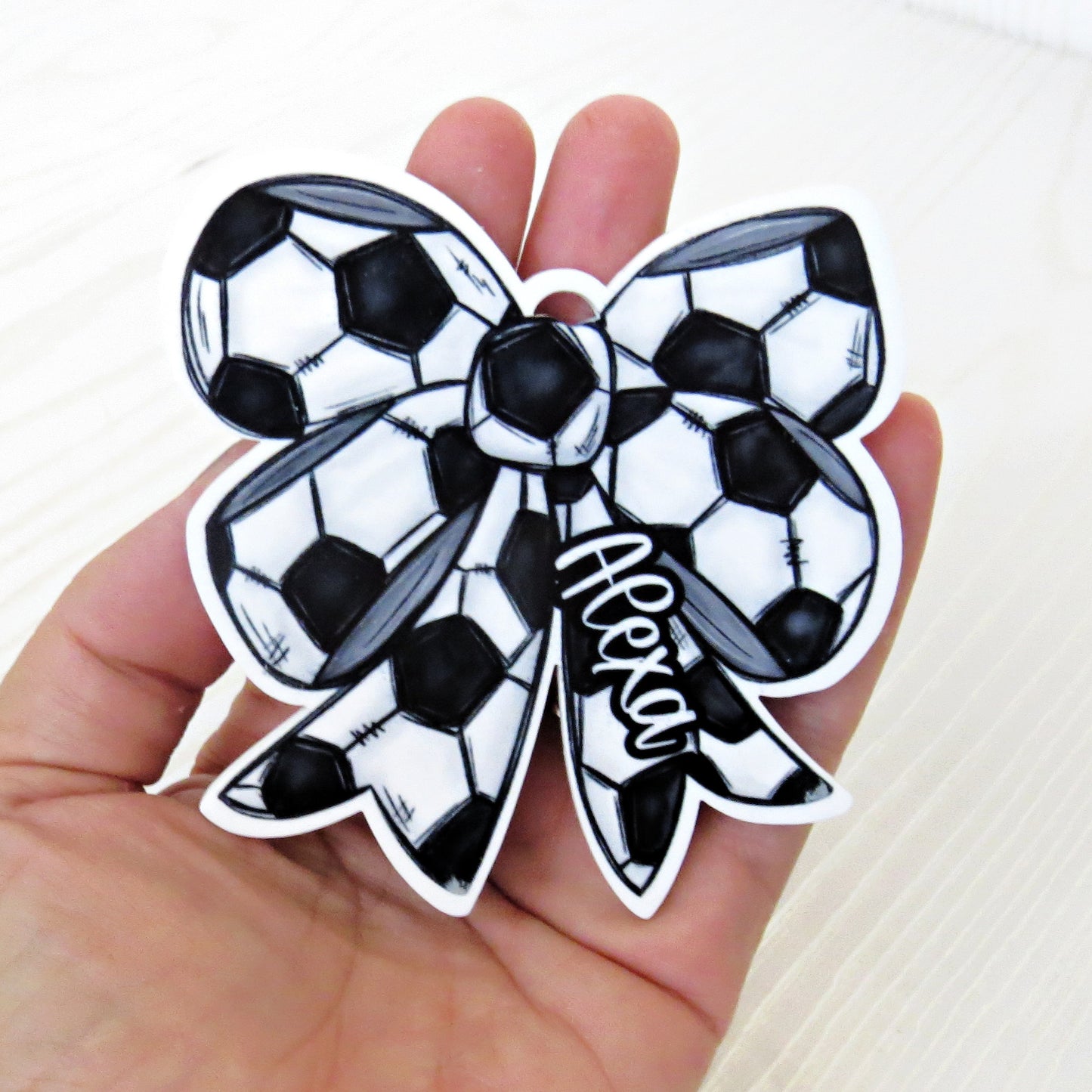 personalized-soccer-bow-bag-tag-custom-name-keychain-black-white-acrylic-girls-sports-gift