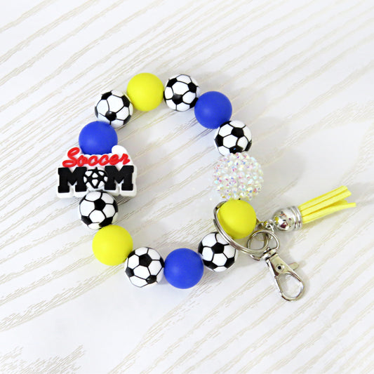 Soccer Mom Silicone Beaded Keychain Wristlet – Yellow Blue Game Day Bracelet with Tassel