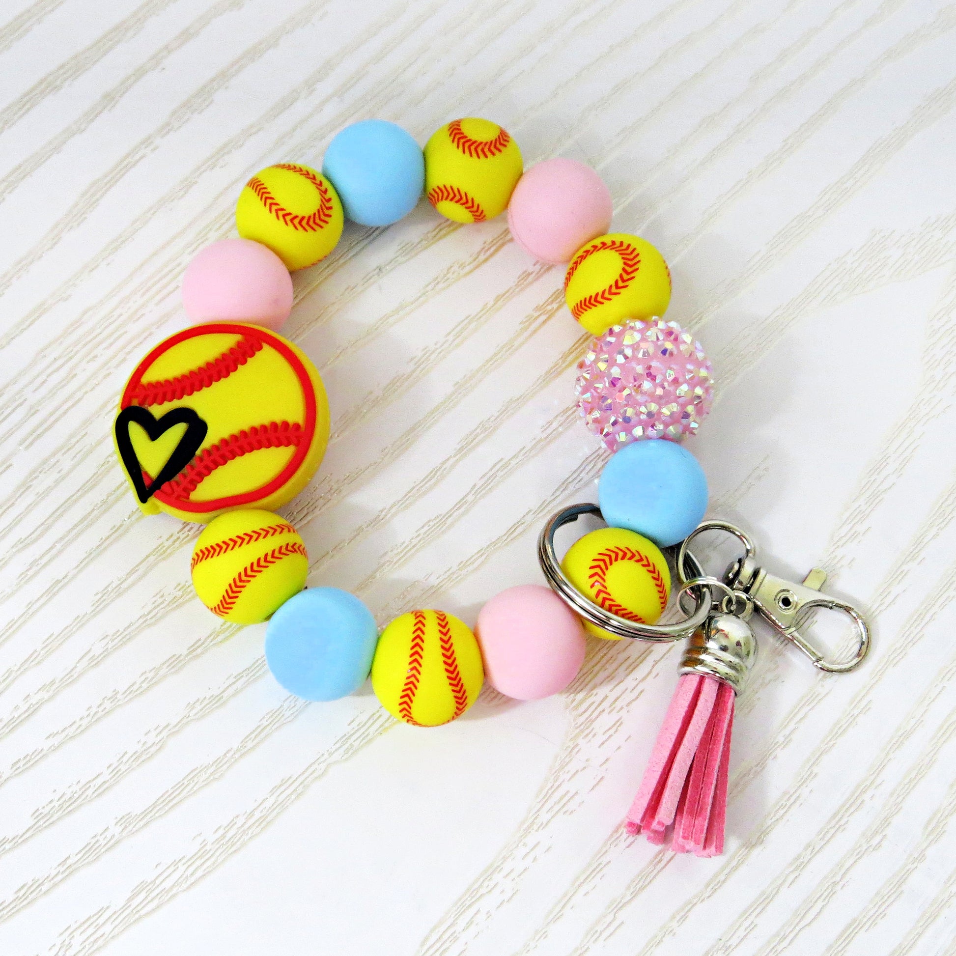 softball-wristlet-keychain-yellow-softball-heart-beads-pink-blue-round-beads-pink-tassel-acrylic-keychain-accessory