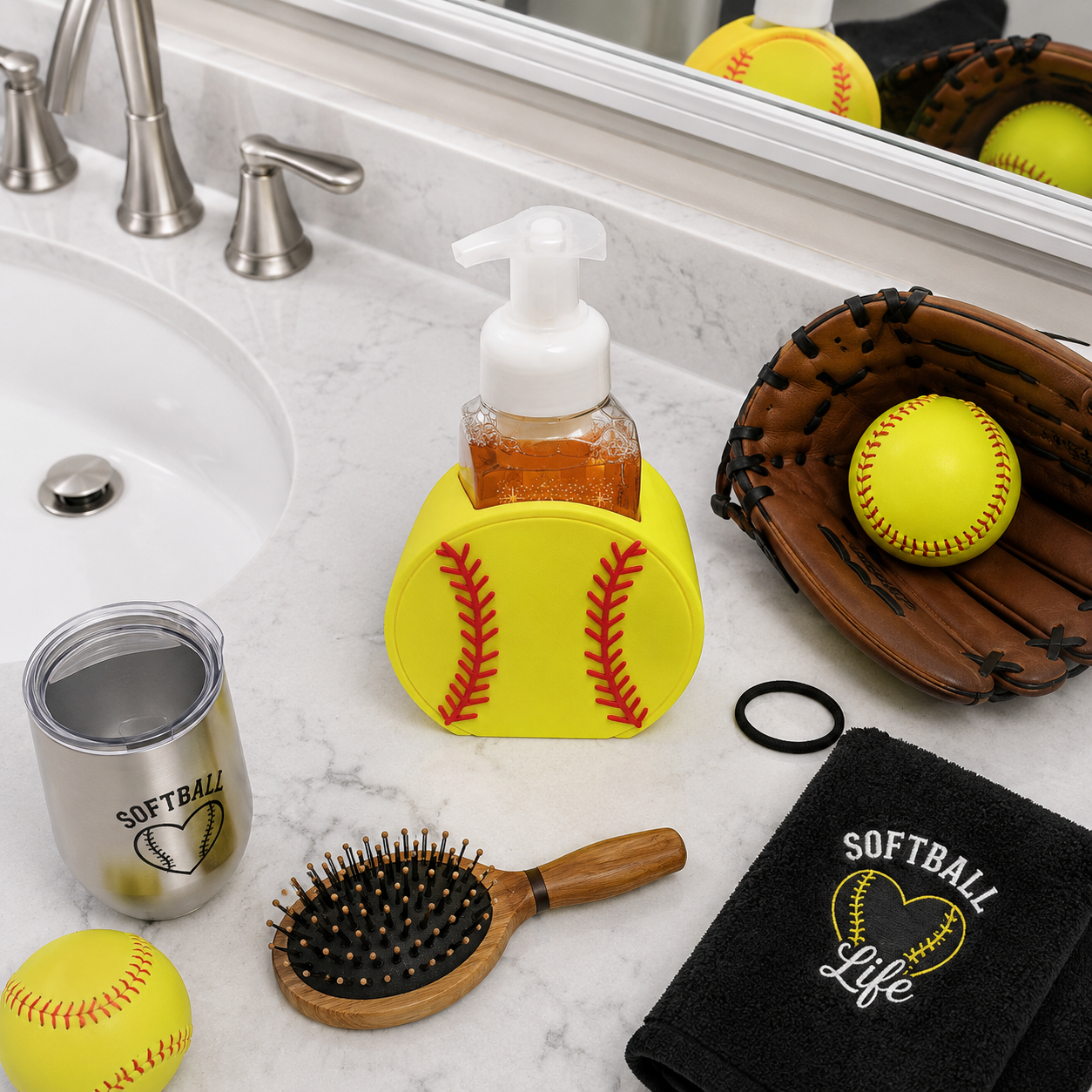 Softball Foaming Soap Bottle Holder – Cute 3D Printed Yellow Softball with Red Stitching – Bath and Body Works Foaming Soap Dispenser Stand – Sports Fan Bathroom Kitchen Counter Decor – Softball Player Mom Coach Gift