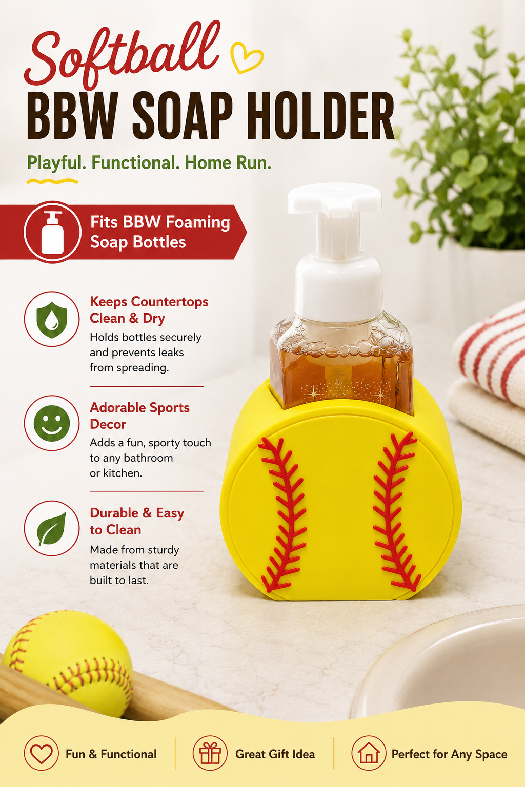 Softball Foaming Soap Bottle Holder – Cute 3D Printed Yellow Softball with Red Stitching – Bath and Body Works Foaming Soap Dispenser Stand – Sports Fan Bathroom Kitchen Counter Decor – Softball Player Mom Coach Gift