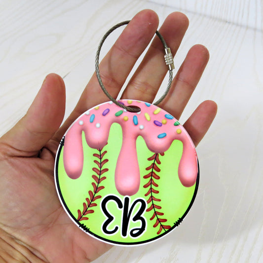 Softball Bag Tag Personalized with Name for Backpack or Sports Bag Gift – Custom Kids Ice Cream with Sprinkles Drip Acrylic ID