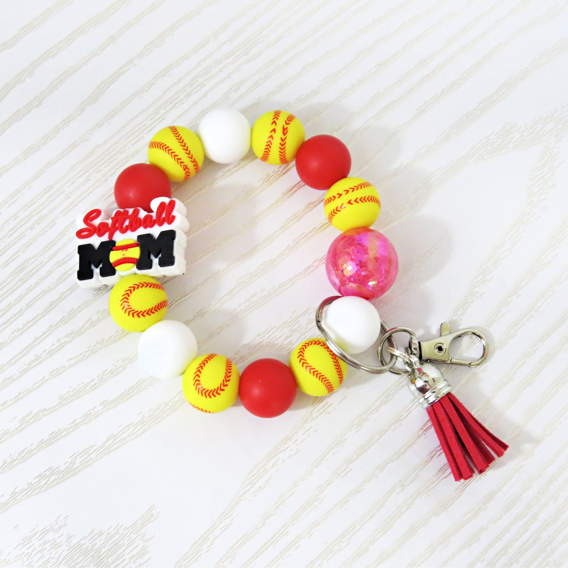 softball-mom-wristlet-keychain-yellow-softball-beads-red-yellow-round-beads-blue-tassel-keyring-accessory