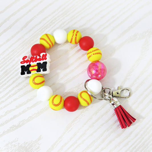 softball-mom-wristlet-keychain-yellow-softball-beads-red-yellow-round-beads-blue-tassel-keyring-accessory